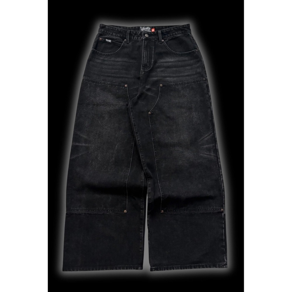 Peak Double Knee Jeans Mens Size M Black Wide Leg Baggy Streetwear Skate Denim